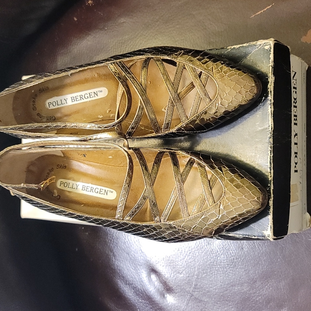 POLLY BERGEN VINTAGE "DANI" GOLD BRONZE SNAKESKIN SHOES 7.5B